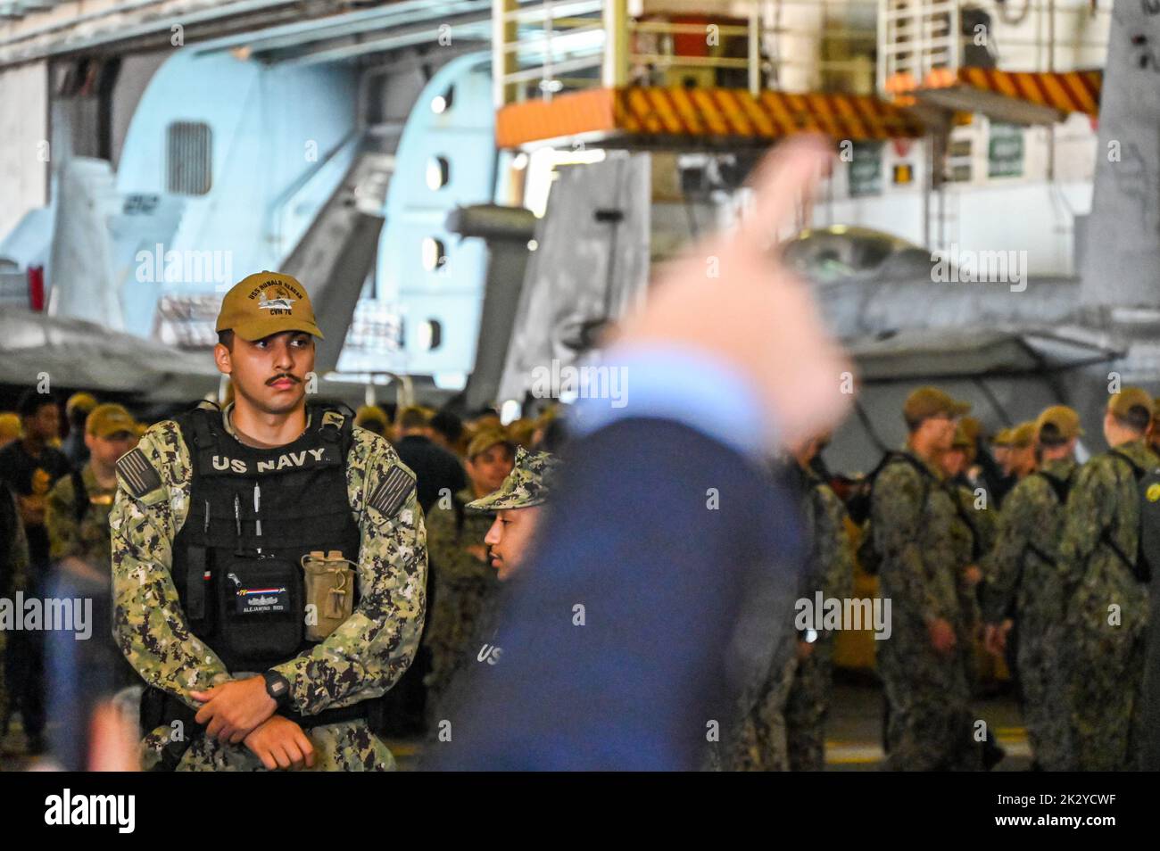 Busan, South Korea. 23rd Sep, 2022. U.S. Navy sailors stand inside the USS Ronald Reagan aircraft carrier in Busan, South Korea on Friday, September 23, 2022. Photo by Thomas Maresca/UPI Credit: UPI/Alamy Live News Stock Photo