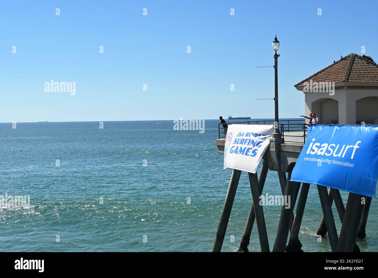HUNTINGTON BEACH, CALIFORNIA, 19 SEPT 2022: International Surfing Association banners for the competition at the Pier in Huntington Beach. Stock Photo