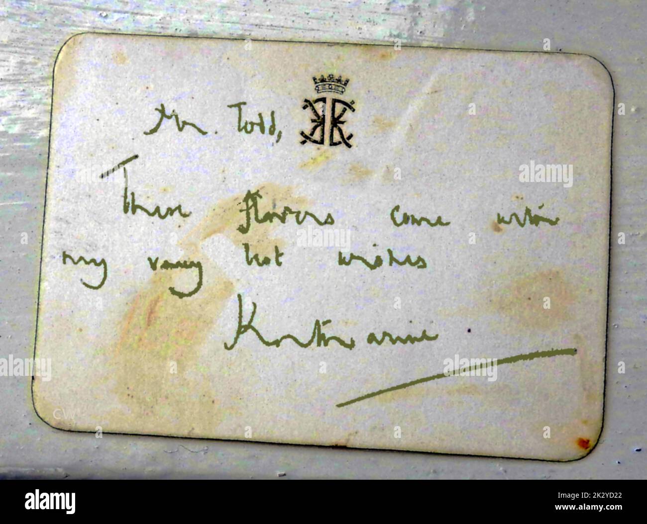 A vintage personal signed card from Katharine, Duchess of Kent, GCVO (born Katharine Lucy Mary Worsley; 22 February 1933) sent to Mrs Rosamund Todd, at Mulgrave Castle with flowers on the occasion of the death of her husband George Todd. He was chauffer to the Marquis of Normanby. During his lifetime, Mr Todd considered Katherine Worsley his 'favourite Royal' due to her constant and consistent down to earth attitude and her kindness to him during his official duties. The card reads "Mrs Todd, These flowers come with my very best wishes Katherine". Stock Photo