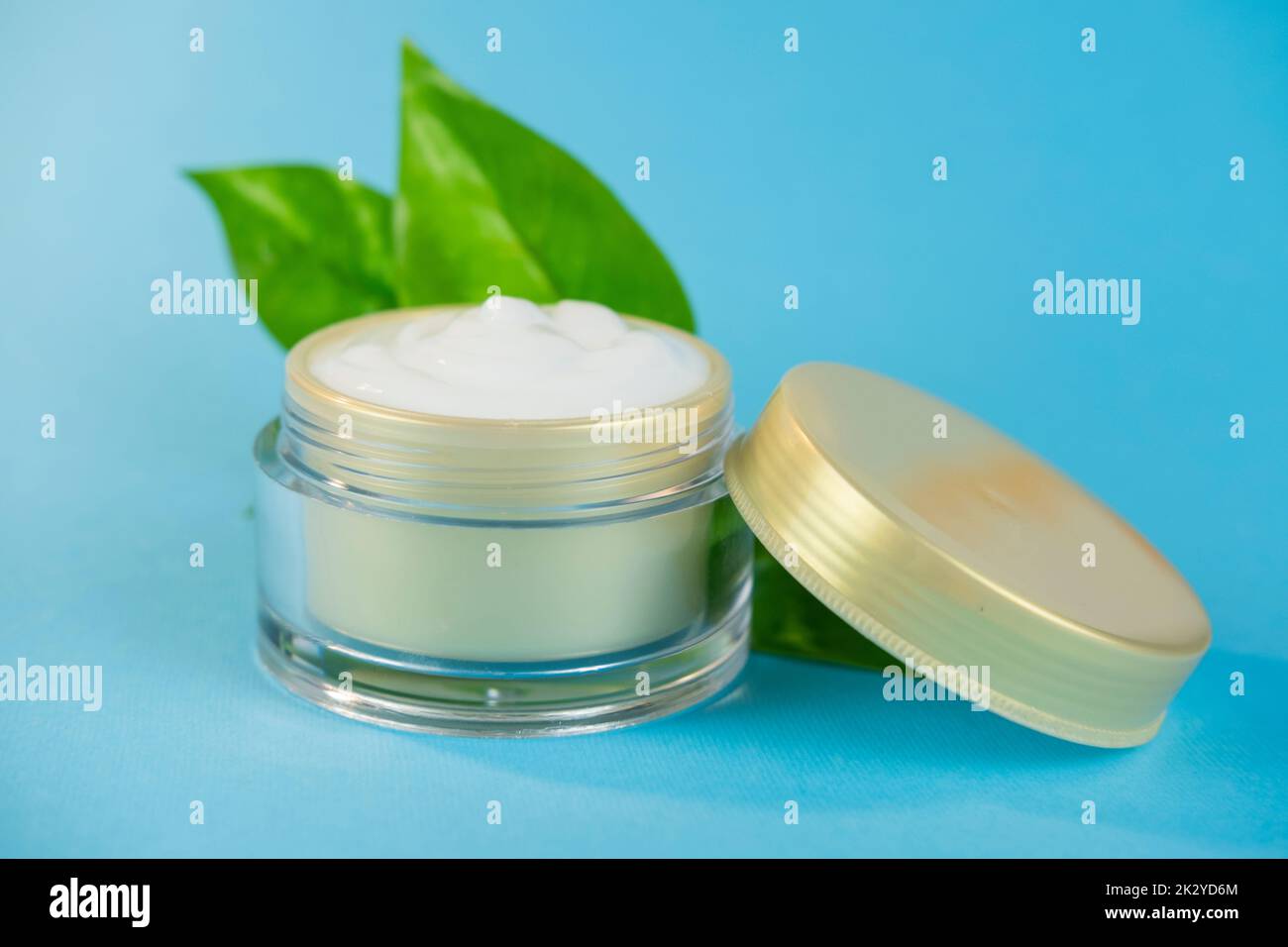 face cream in a jar cosmetic for skin with green plant leaf Stock Photo
