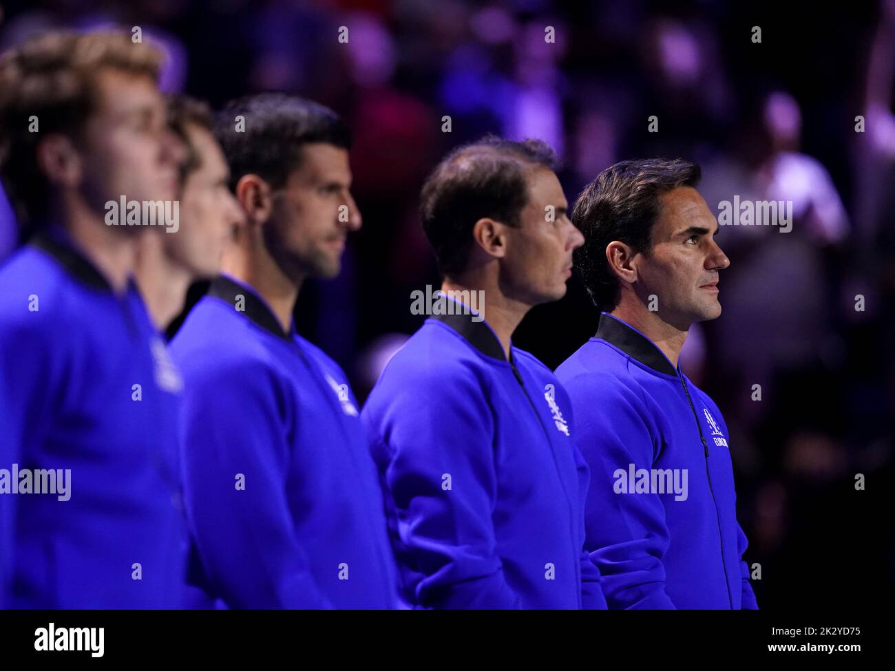 Roger Federer (right) lines up with his team-mates on day one of the Laver Cup at the O2 Arena, London. Picture date: Friday September 23, 2022. Stock Photo