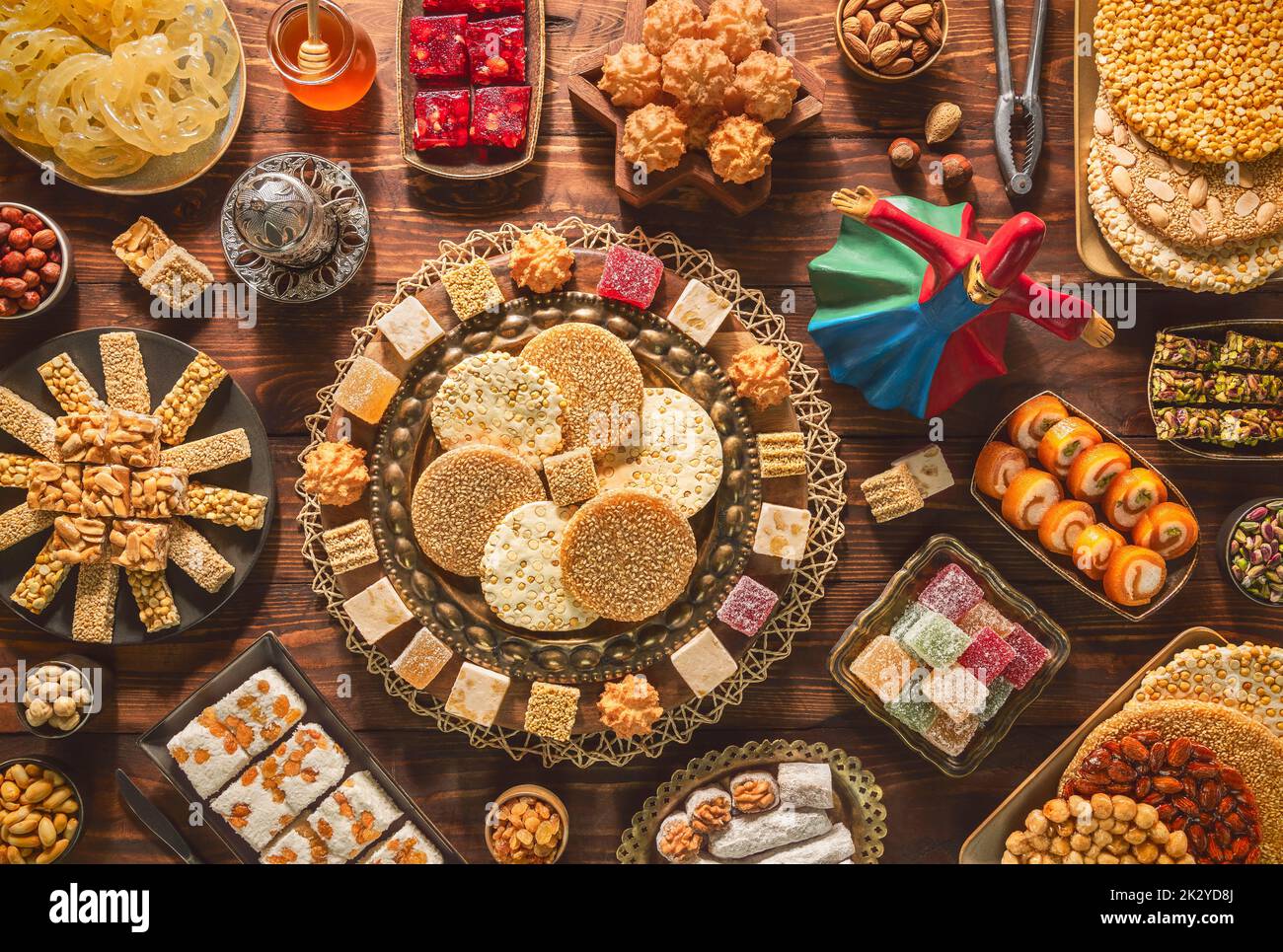 Collection of traditional Arabic sweets and candies to celebrate 'Prophet Muhammad's Birthday Event'. Varieties of Egyptian Mawlid Sweets. Stock Photo