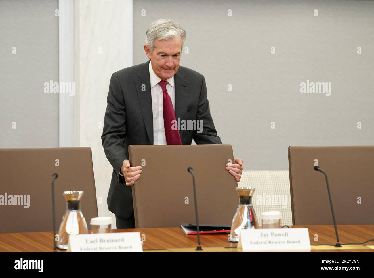 U.S. Federal Reserve Board Chairman Jerome Powell takes his chair to host an event on 'Fed Listens: Transitioning to the Post-pandemic Economy'  at the Federal Reserve in Washington, U.S., September 23, 2022. REUTERS/Kevin Lamarque Stock Photo