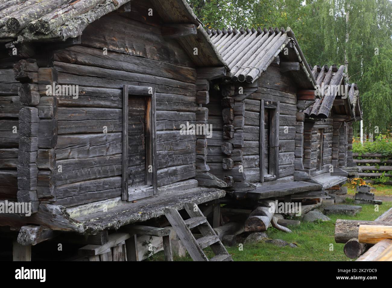 View of buildings in the Arvidsjaur Sami village with overnight wodden church cootages and gåhties. Stock Photo