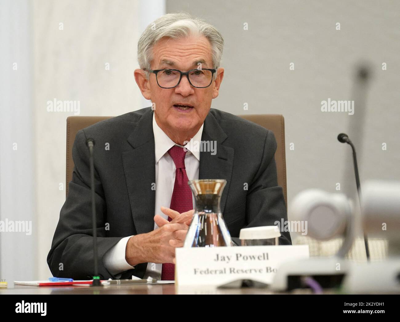 Federal Reserve Board Chairman Jerome Powell hosts an event on 'Fed Listens: Transitioning to the Post-pandemic Economy'  at the Federal Reserve in Washington, U.S., September 23, 2022. REUTERS/Kevin Lamarque Stock Photo