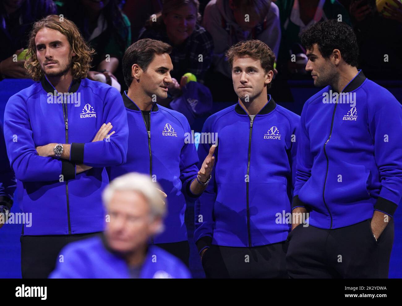 Team Europe's (left-right) Stefanos Tsitsipas, Roger Federer, Casper Ruud and Matteo Berrettini on day one of the Laver Cup at the O2 Arena, London. Picture date: Friday September 23, 2022. Stock Photo