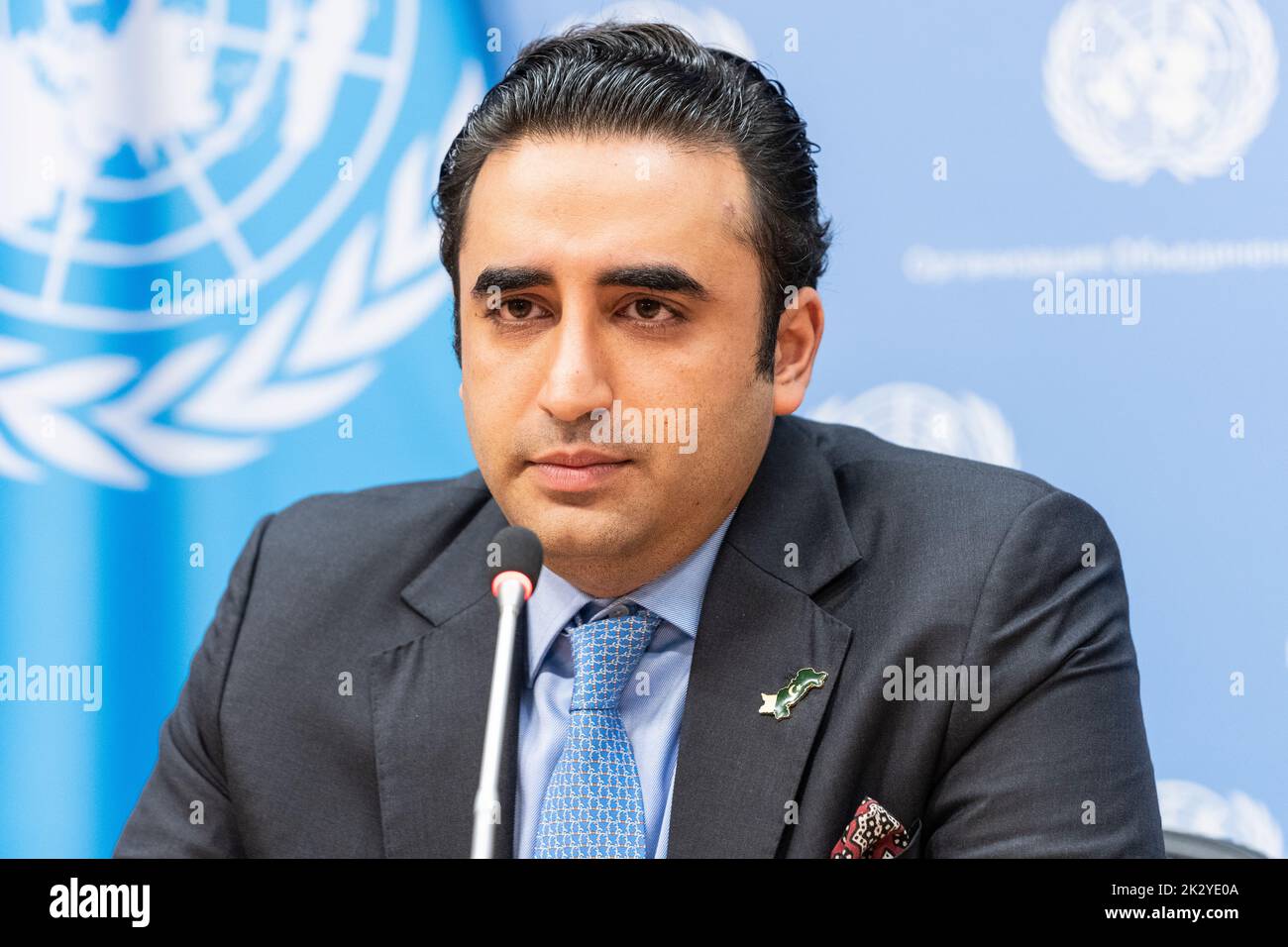 New York, NY - September 23, 2022: Press briefing by Bilawal Bhutto Zardari, Minister for Foreign Affairs of the Islamic Republic of Pakistan at UN Headquarters Stock Photo