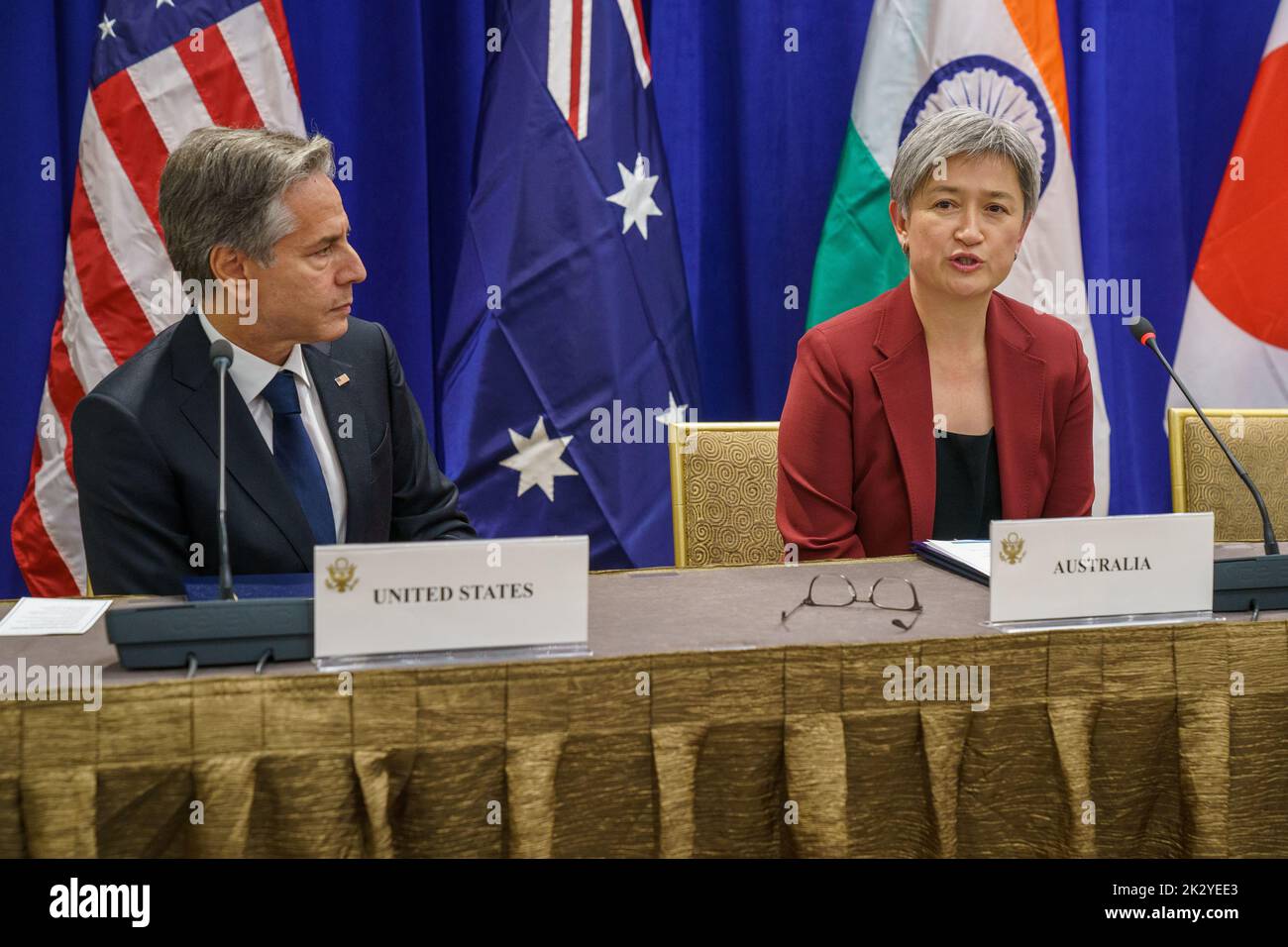 New York City, USA. 23rd Sep, 2022. U.S. Secretary of State Tony Blinken, left, looks on as Australian Foreign Minister Penny Wong, right, remarks during the Indo-Pacific Quad Meeting on the sidelines of the 77th Session of the U.N General Assembly, September 23, 2022, in New York City. Credit: Ron Przysucha/State Department Photo/Alamy Live News Stock Photo