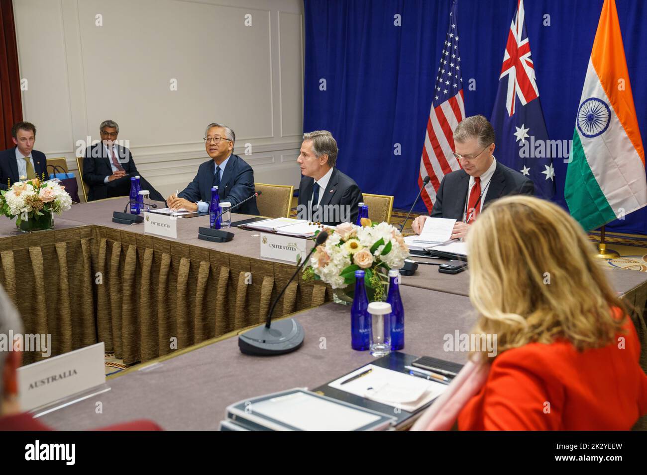 New York City, USA. 23rd Sep, 2022. U.S. Secretary of State Tony Blinken, center, participates in the Indo-Pacific Quad Meeting with Australian Foreign Minister Penny Wong, Indian Foreign Minister Subrahmanyam Jaishankar, and Japanese Foreign Minister Hayashi Yoshimasa on the sidelines of the 77th Session of the U.N General Assembly, September 23, 2022, in New York City. Credit: Ron Przysucha/State Department Photo/Alamy Live News Stock Photo