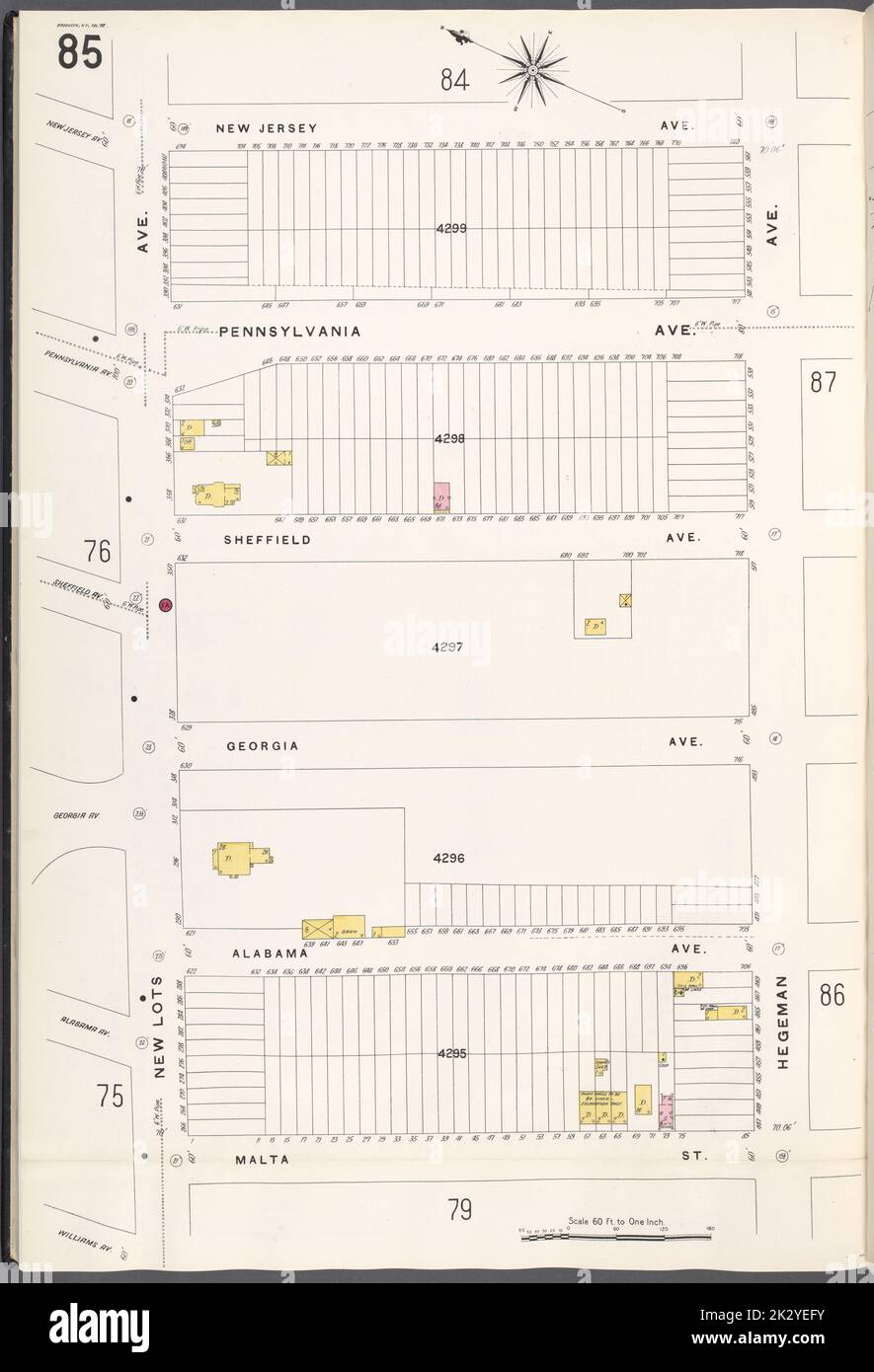 Cartographic, Maps. 1884 - 1936. Lionel Pincus and Princess Firyal Map Division. Fire insurance , New York (State), Real property , New York (State), Cities & towns , New York (State) Brooklyn V. 8, Plate No. 85 Map bounded by New Jersey Ave., Hegeman Ave., Malta St., New Lots Ave. Stock Photo