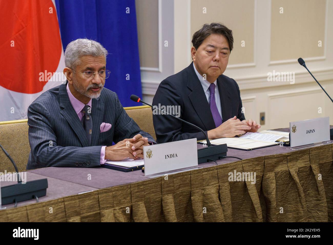 New York City, USA. 23rd Sep, 2022. Indian Foreign Minister Subrahmanyam Jaishankar, remarks as and Japanese Foreign Minister Hayashi Yoshimasa, right, looks on during the Indo-Pacific Quad Meeting on the sidelines of the 77th Session of the U.N General Assembly, September 23, 2022, in New York City. Credit: Ron Przysucha/State Department Photo/Alamy Live News Stock Photo