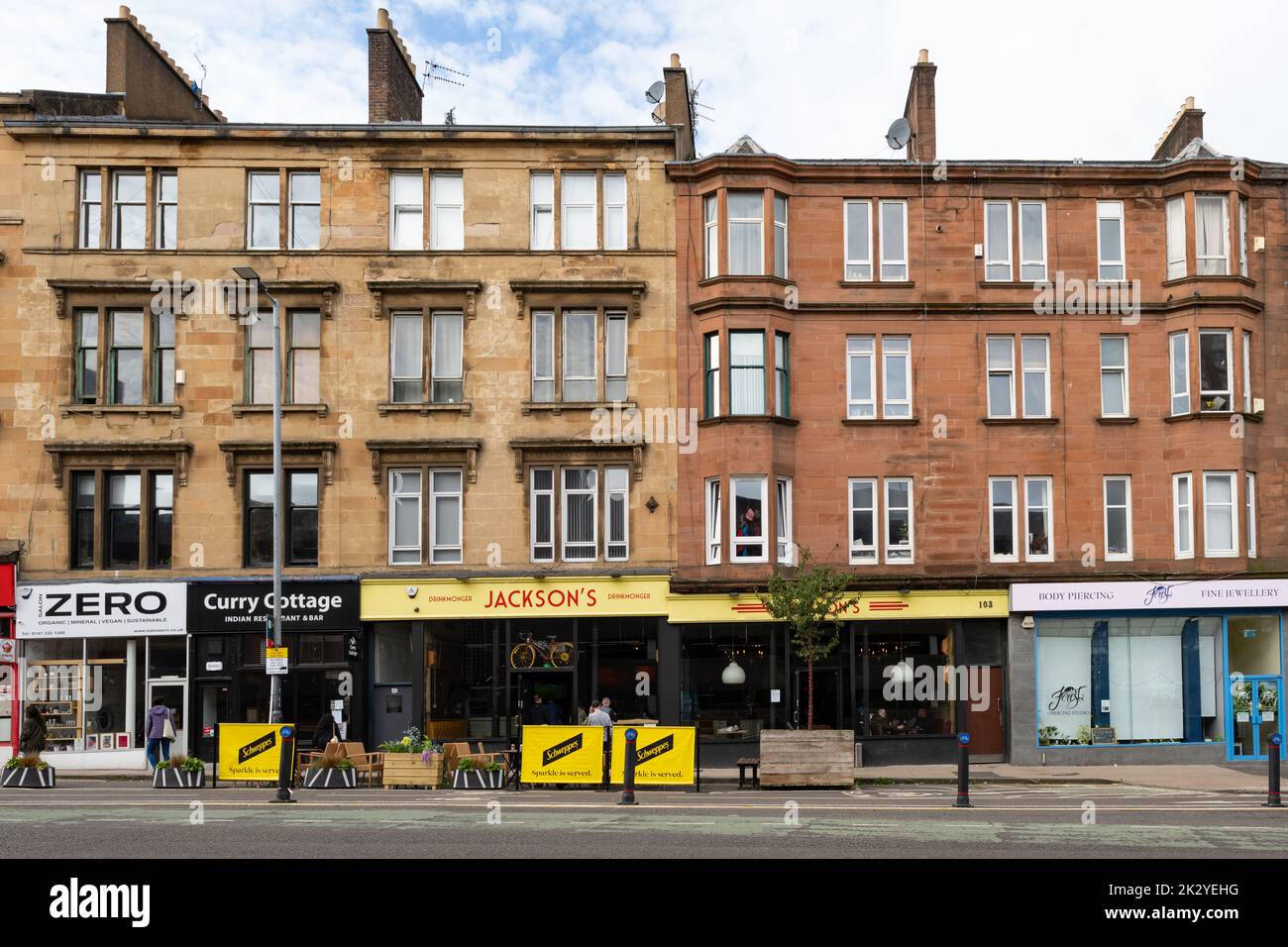 Tenement buildings built of blond and red sandstone, Cambridge Street, Glasgow, Scotland, UK Stock Photo