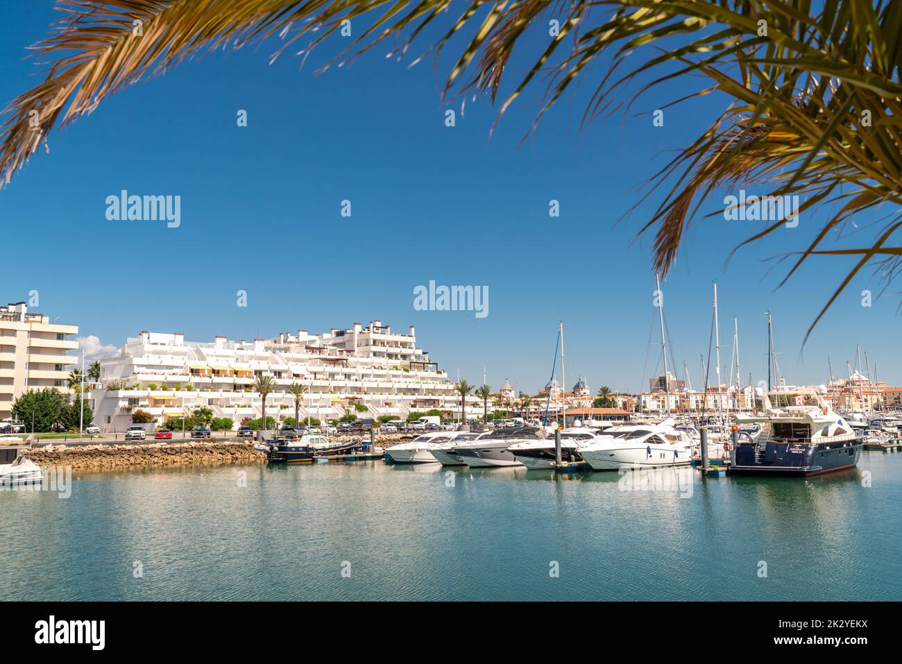 Vilamoura, PORTUGAL: September 18 2022: View of luxury port of Vilamoura. Algarve region. Luxury travel destination in South of Portugal. Yacht docked Stock Photo