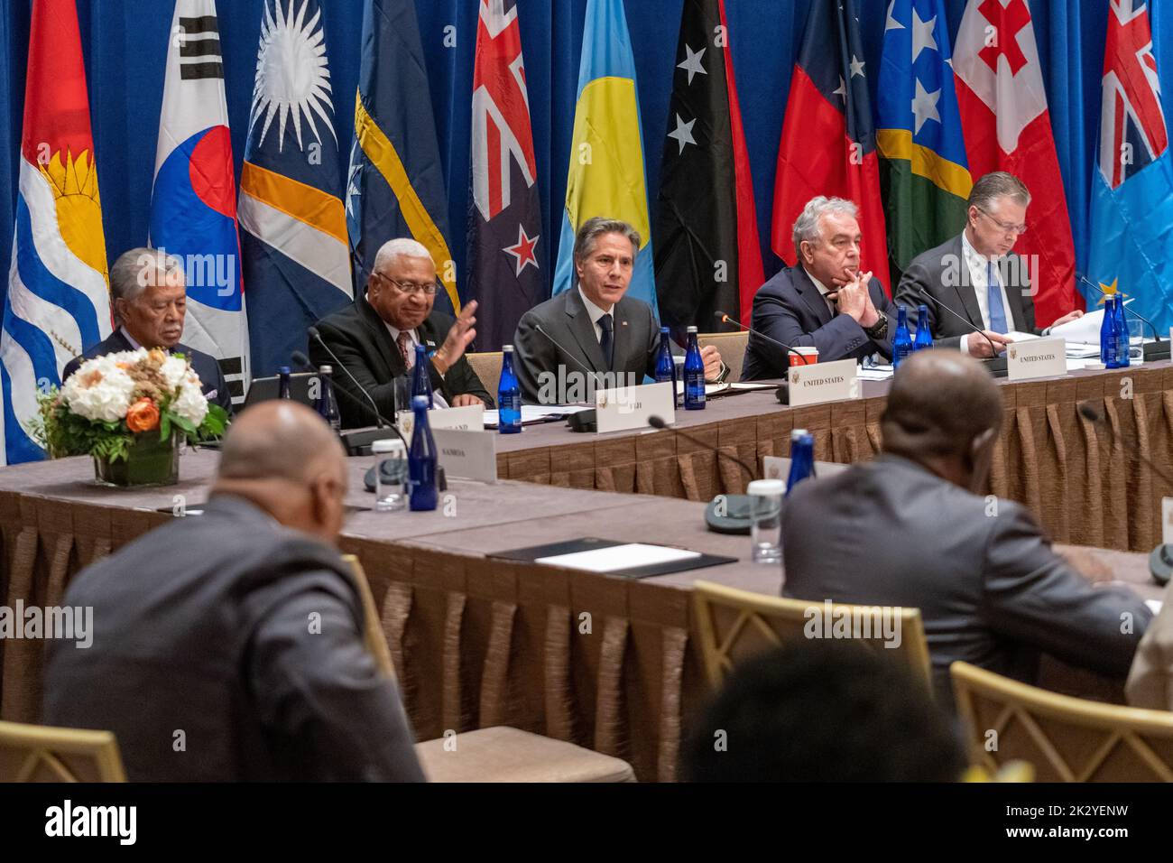 New York City, United States. 22nd Sep, 2022. Fijian Prime Minister Frank Bainimarama, 2nd left, delivers remarks as U.S. Secretary of State Tony Blinken, center, looks on during the Partners in the Blue Pacific Ministerial meeting, on the sidelines of the 77th Session of the U.N General Assembly, September 22, 2022, in New York City. Credit: Ron Przysucha/State Department Photo/Alamy Live News Stock Photo