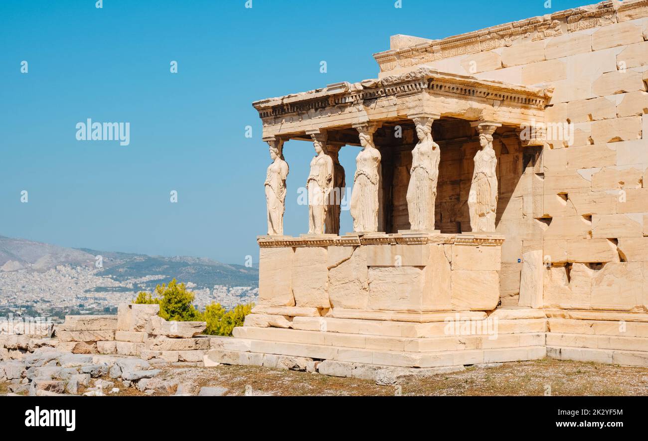 a view of the famous Porch of the Maidens, in the Temple of Athena Polias or Erechtheion, in the Acropolis of Athens, Greece Stock Photo