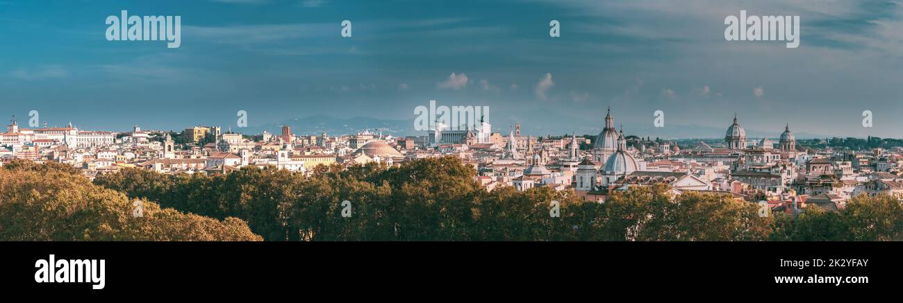 Rome, Italy. Cityscape Skyline With Famous Pantheon, Churches As Sant'agnese, Santa Maria Della Pace, St. Salvatore At The Laurels And Vittorio Stock Photo