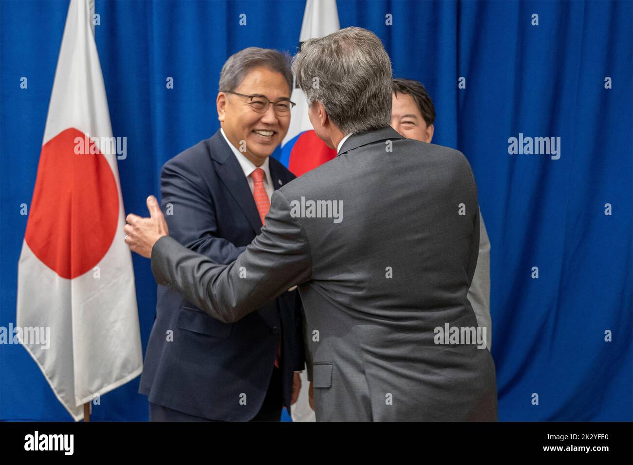 New York City, United States. 22nd Sep, 2022. U.S. Secretary of State Tony Blinken, left, shakes hands with Republic of Korea Foreign Minister Park Jin, left, and Japanese Foreign Minister Hayashi Yoshimasa and before the start of their trilateral meeting on the sidelines of the 77th Session of the U.N General Assembly, September 22, 2022, in New York City. Credit: Ron Przysucha/State Department Photo/Alamy Live News Stock Photo