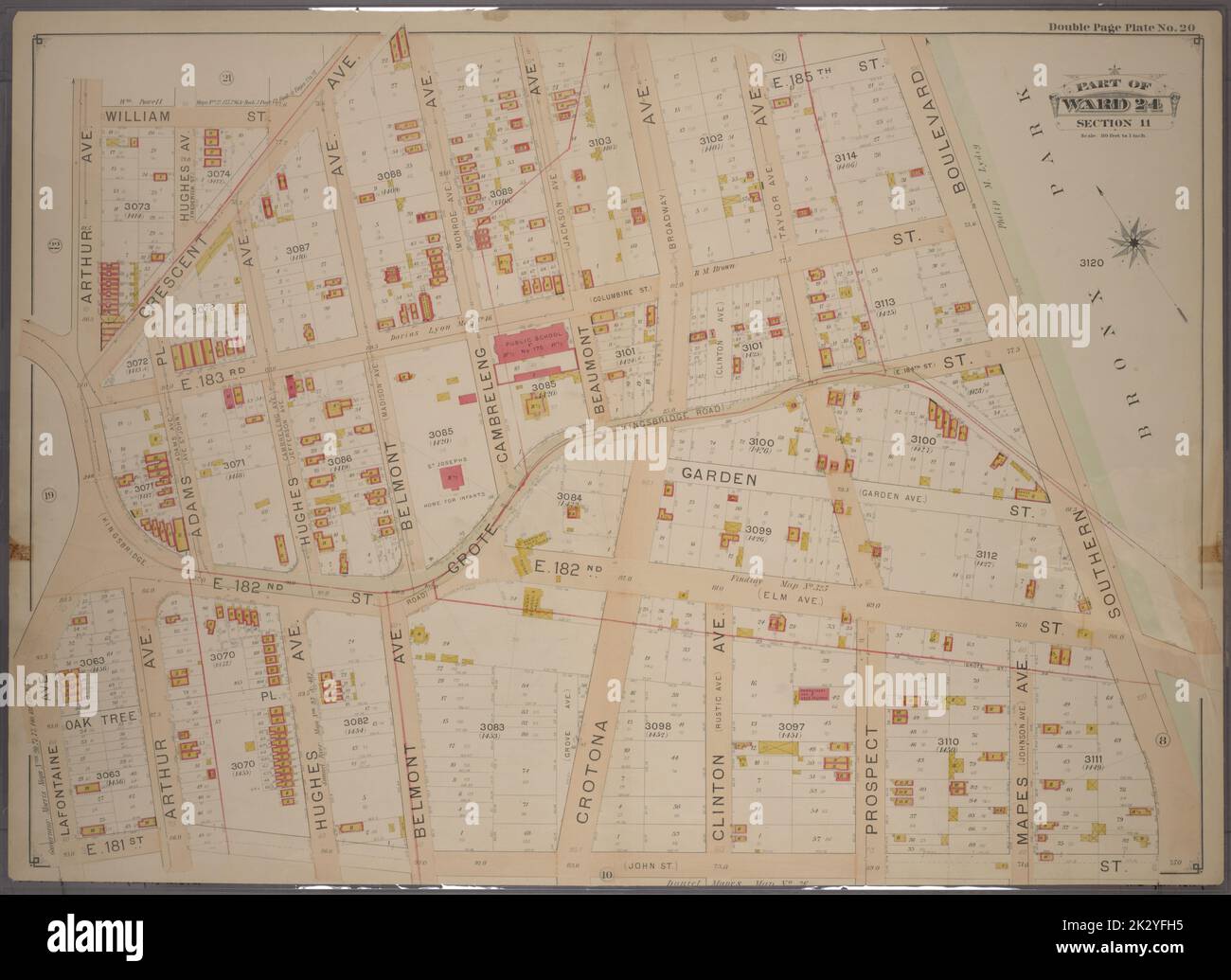 Cartographic, Maps. 1901. Lionel Pincus and Princess Firyal Map Division. Bronx (New York, N.Y.), Real property , New York (State) , New York Double Page Plate No. 20, Part of Ward 24, Section 11. Bounded by William Street, Crescent Avenue, E. 185th Street, Southern Boulevard, E. 181st Street, Lafontaine Avenue and Arthur Avenue. Stock Photo