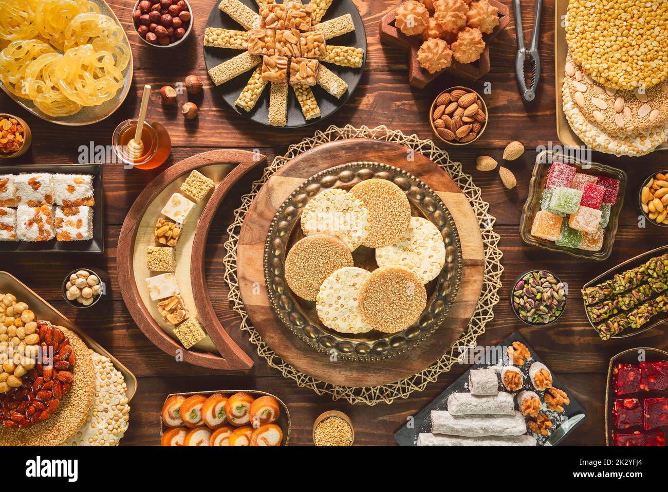 Collection of traditional Arabic sweets and candies to celebrate 'Prophet Muhammad's Birthday Event'. Varieties of Egyptian Mawlid Sweets. Stock Photo