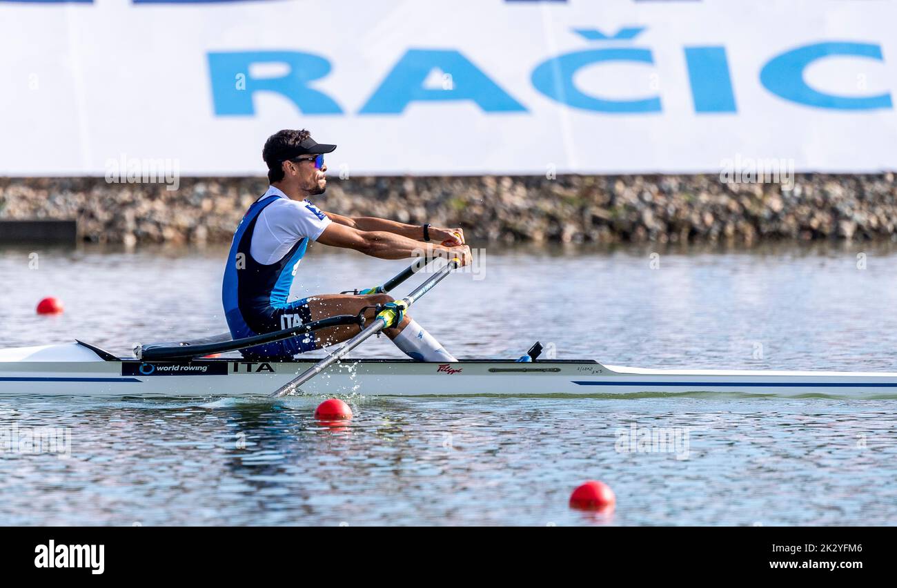 Racice, Czech Republic. 23rd Sep, 2022. Gabriel Soares of Italy competes in the Lightweight Men's Single Sculls Final A during the 2022 World Rowing Championships at the Labe Arena Racice on September 23, 2022 in Racice, Czech Republic. Credit: Ondrej Hajek/CTK Photo/Alamy Live News Stock Photo