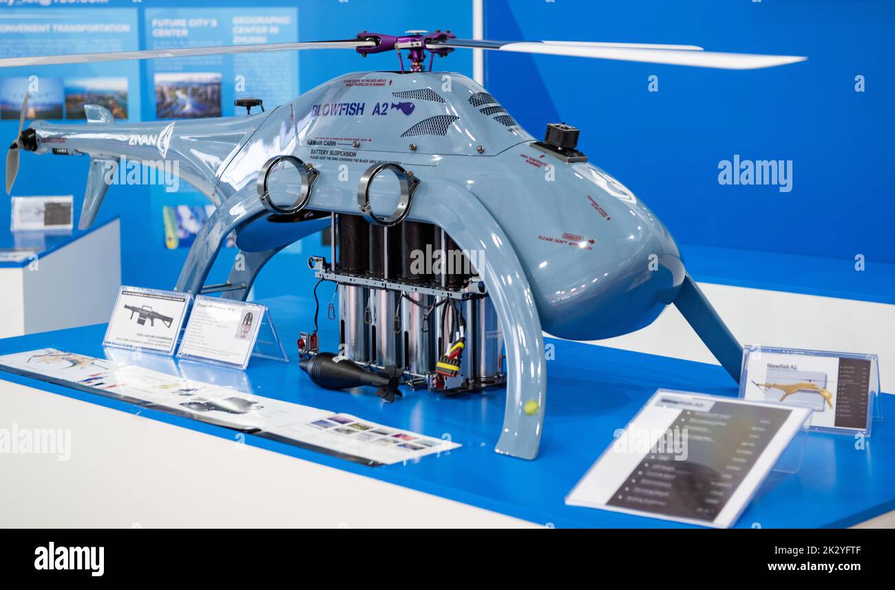 August 30, 2019, Moscow region, Russia. A mock-up of the Chinese Blowfish A2 unmanned aerial vehicle Stock Photo