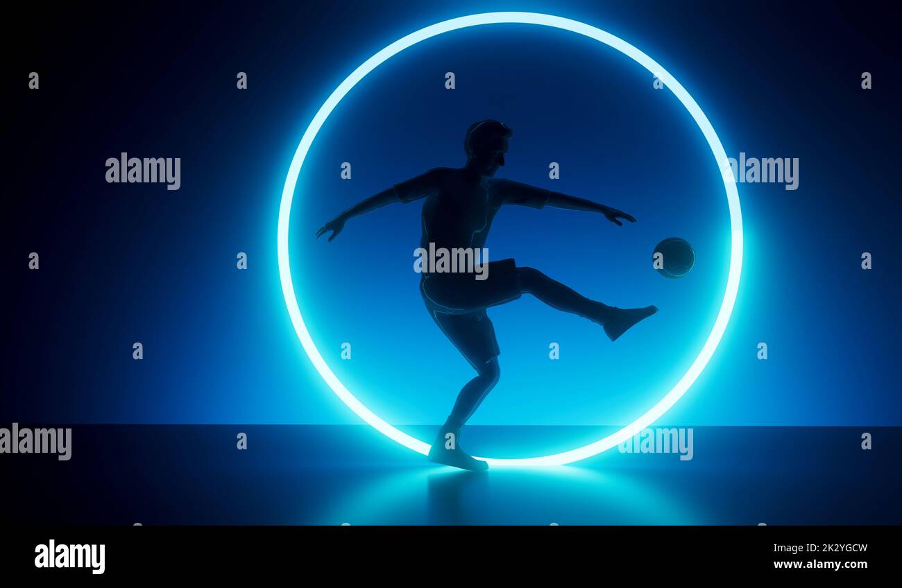 Silhouette of a football player kicking a ball with an abstract futuristic neon glow. 3D Rendering Stock Photo