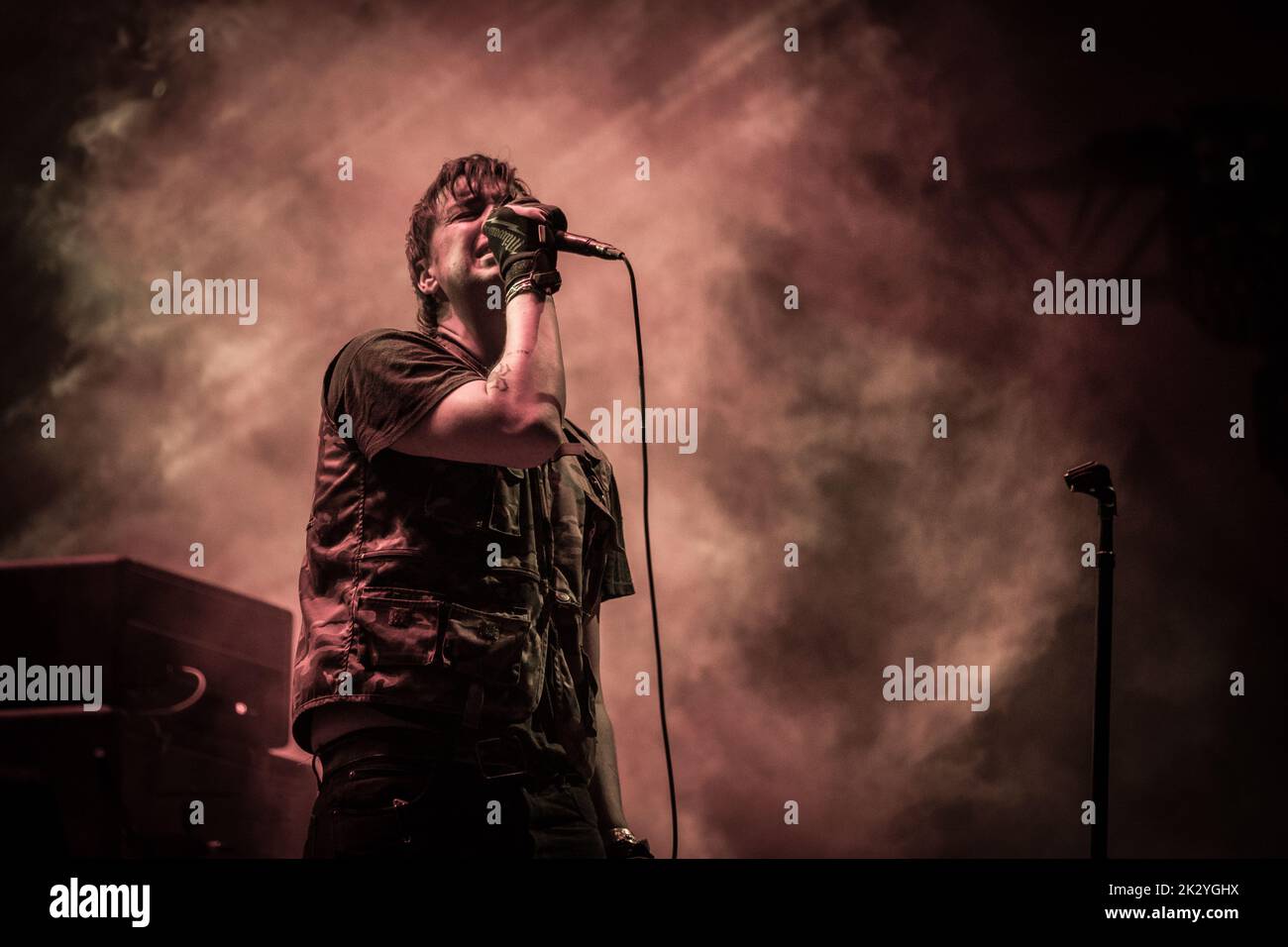Roskilde, Denmark. 02nd, July 2022.The American rock band The Strokes performs a live concert at the Danish music festival Roskilde Festival 2022 in Roskilde. Here singer Julian Casablancas is seen live on stage. (Photo credit: Gonzales Photo - Thomas Rasmussen). Stock Photo