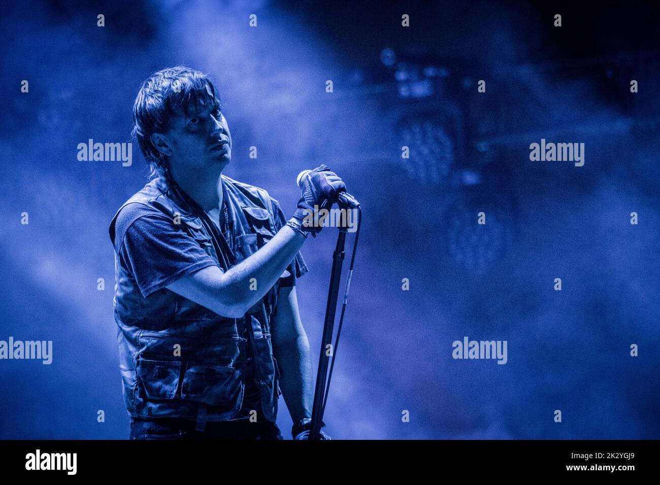 Roskilde, Denmark. 02nd, July 2022.The American rock band The Strokes performs a live concert at the Danish music festival Roskilde Festival 2022 in Roskilde. Here singer Julian Casablancas is seen live on stage. (Photo credit: Gonzales Photo - Thomas Rasmussen). Stock Photo