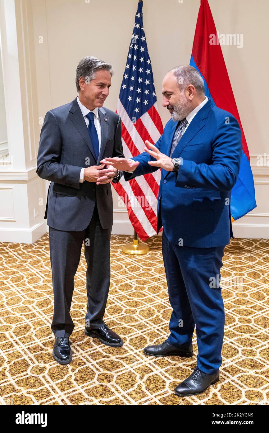 New York City, United States. 22nd Sep, 2022. U.S. Secretary of State Tony Blinken, left, chats with Armenian Prime Minister Nikol Pashinyan, right, before the start of their bilateral meeting on the sidelines of the 77th Session of the U.N General Assembly, September 22, 2022, in New York City. Credit: Ron Przysucha/State Department Photo/Alamy Live News Stock Photo
