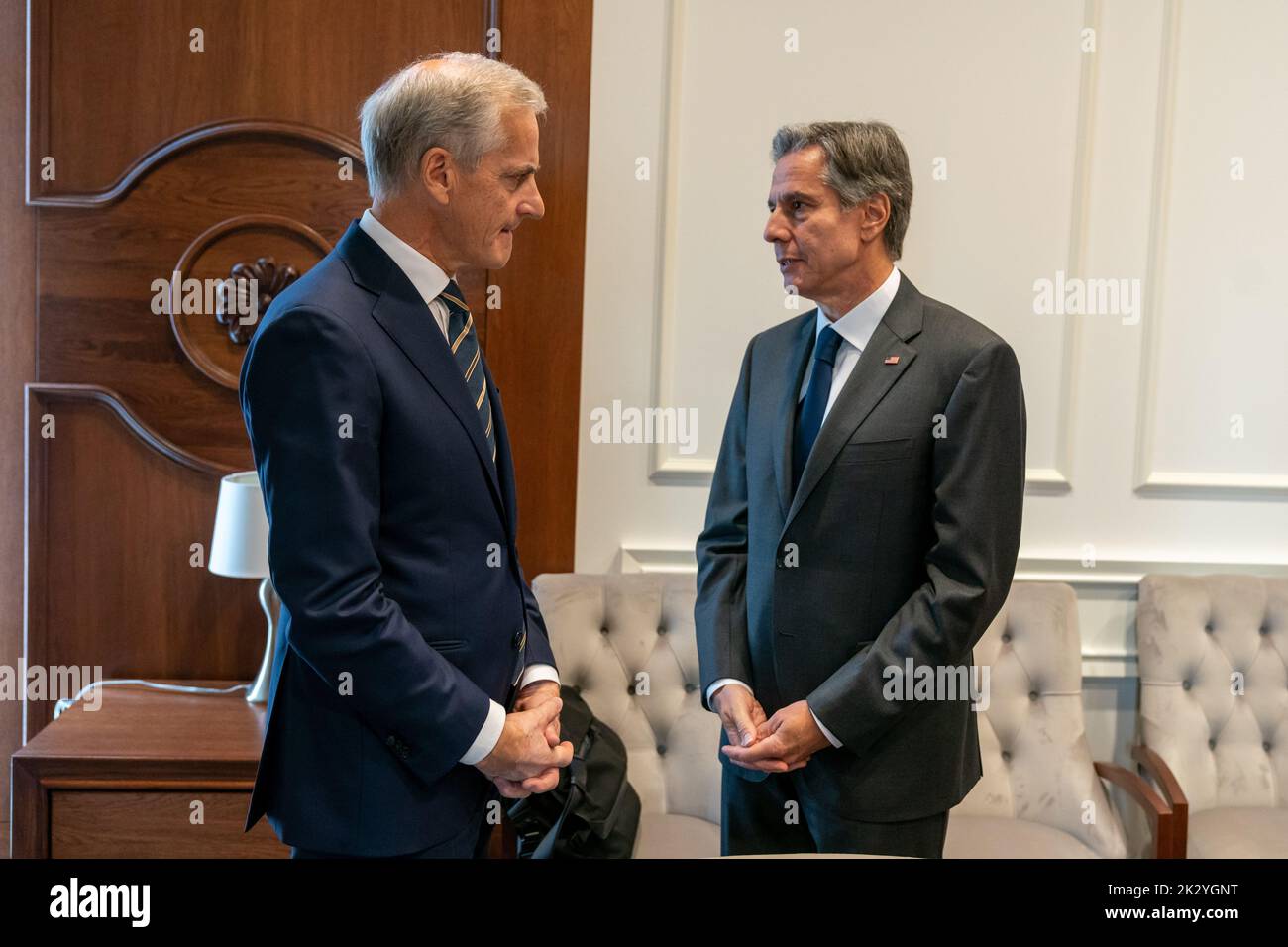 New York City, United States. 22nd Sep, 2022. U.S. Secretary of State Tony Blinken, right, speaks with Norwegian Prime Minister Jonas Gahr Støre, left, before the start of their bilateral meeting on the sidelines of the 77th Session of the U.N General Assembly, September 22, 2022, in New York City. Credit: Ron Przysucha/State Department Photo/Alamy Live News Stock Photo