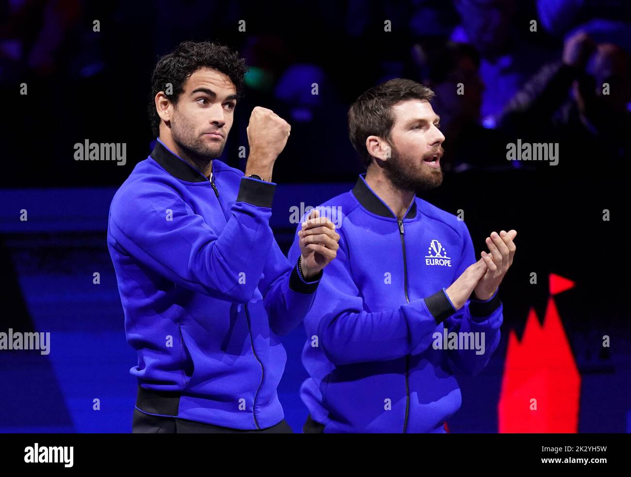 Team Europe's Matteo Berrettini (left) reacts on day one of the Laver Cup at the O2 Arena, London. Picture date: Friday September 23, 2022. Stock Photo