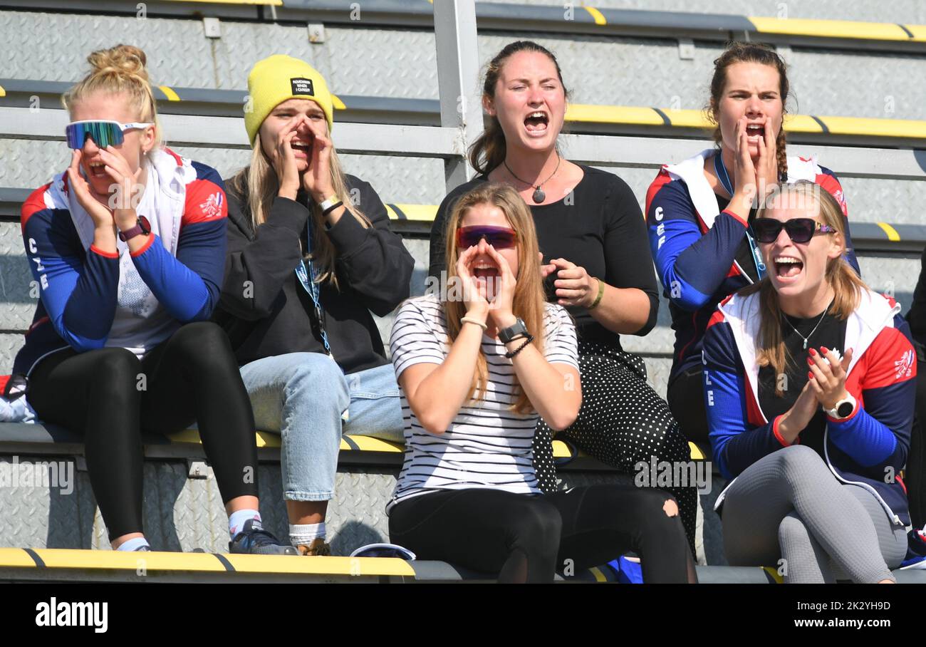Racice, Czech Republic. 23rd Sep, 2022. Fans during Day 6 of the 2022 World Rowing Championships at the Labe Arena Racice on September 23, 2022 in Racice, Czech Republic. Credit: Jan Stastny/CTK Photo/Alamy Live News Stock Photo