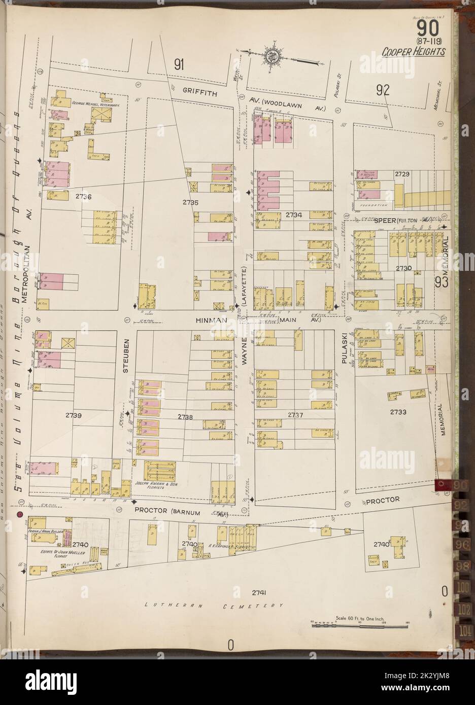 Cartographic, Maps. 1884 - 1936. Lionel Pincus and Princess Firyal Map Division. Fire insurance , New York (State), Real property , New York (State), Cities & towns , New York (State) Queens V. 3, Plate No. 90 Map bounded by Griffith Ave., Memorial, Proctor, Metropolitan Ave. Stock Photo