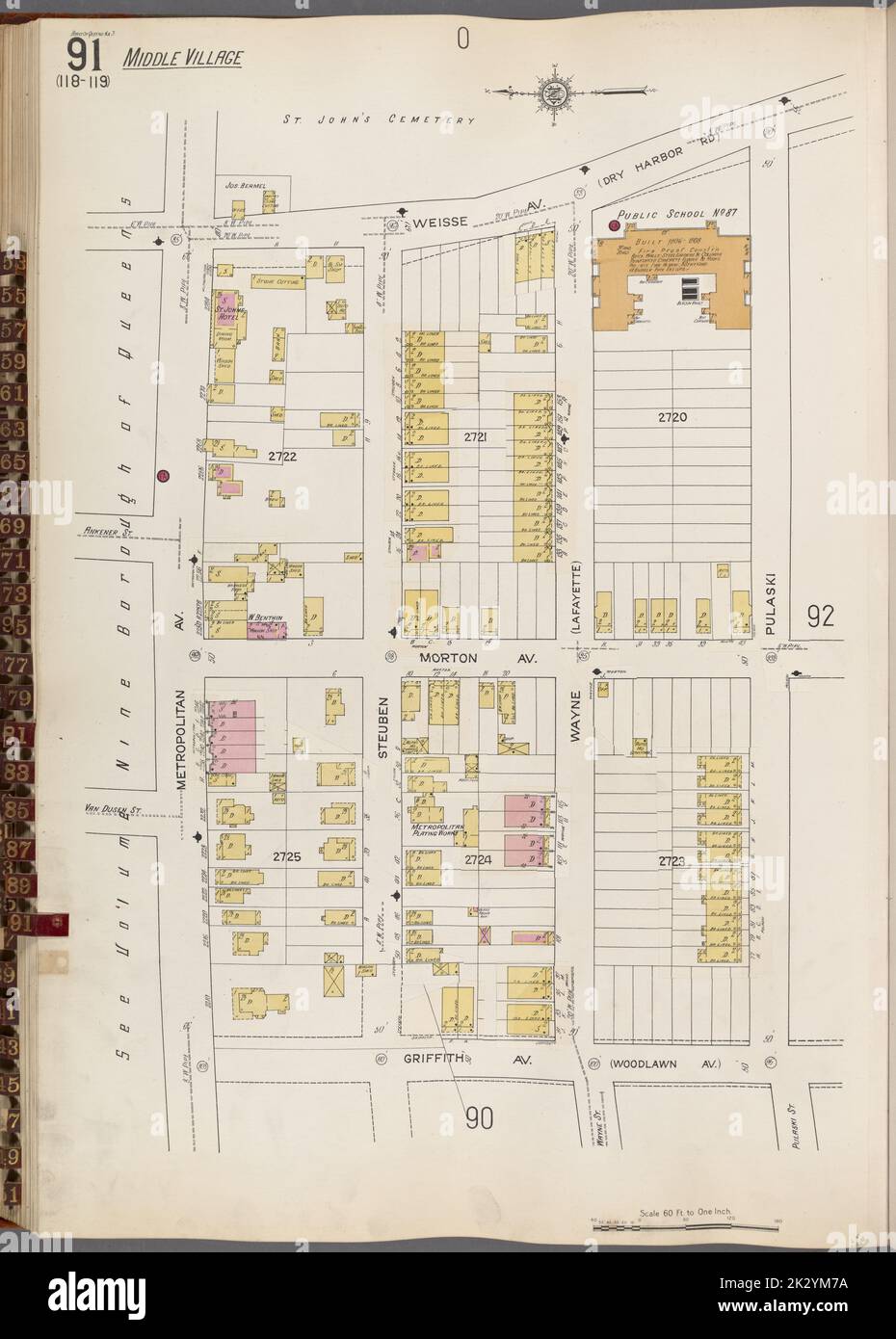 Cartographic, Maps. 1884 - 1936. Lionel Pincus and Princess Firyal Map Division. Fire insurance , New York (State), Real property , New York (State), Cities & towns , New York (State) Queens V. 3, Plate No. 91 Map bounded by Weisse Ave., Pulaski, Griffith Ave., Metropolitan Ave. Stock Photo