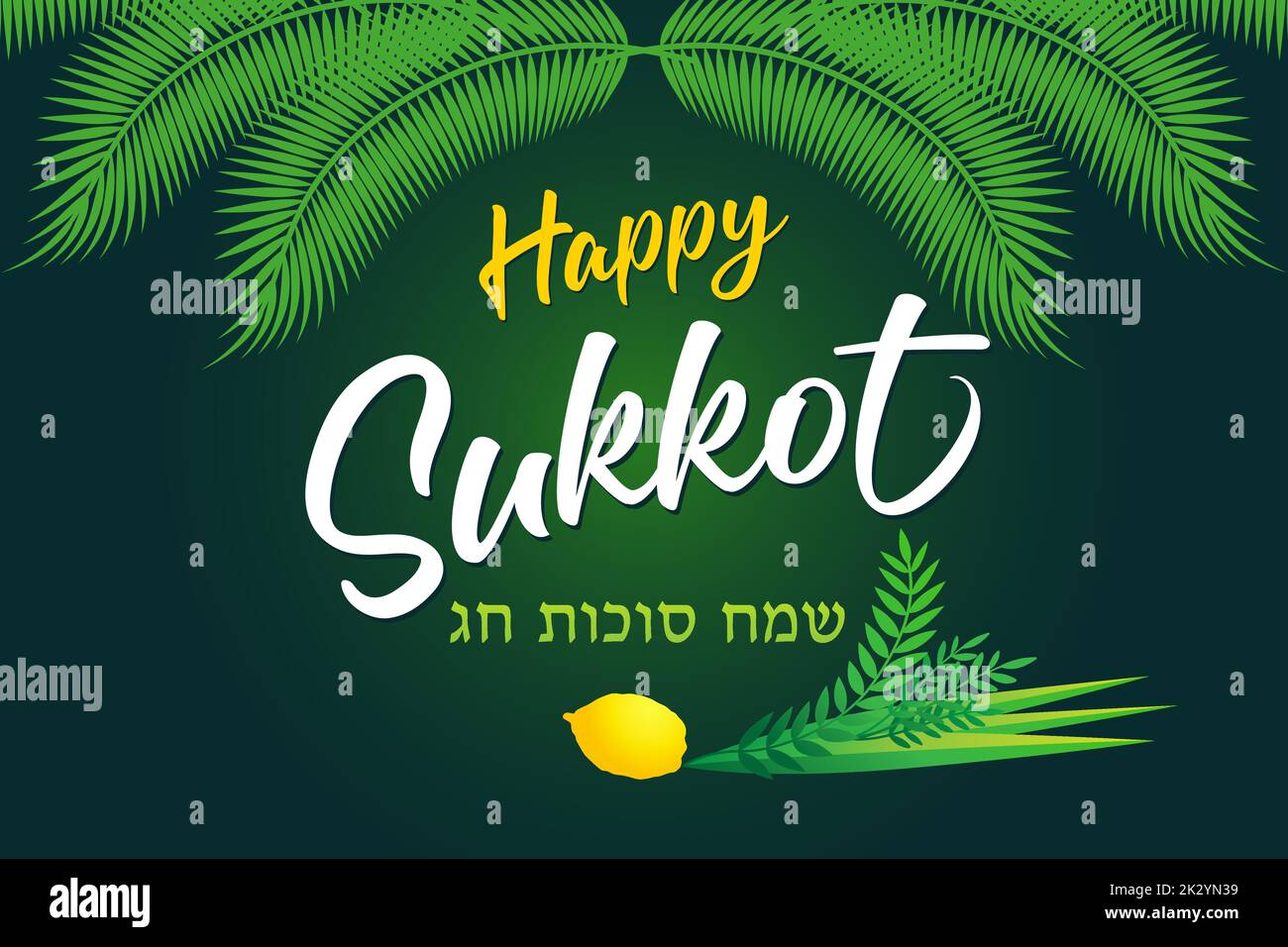 Happy Sukkot - text in Hebrew, Jewish Holiday card. Hand drawn vector Illustration with sukkah, etrog, lulav, hadas, arava and decoration background Stock Vector