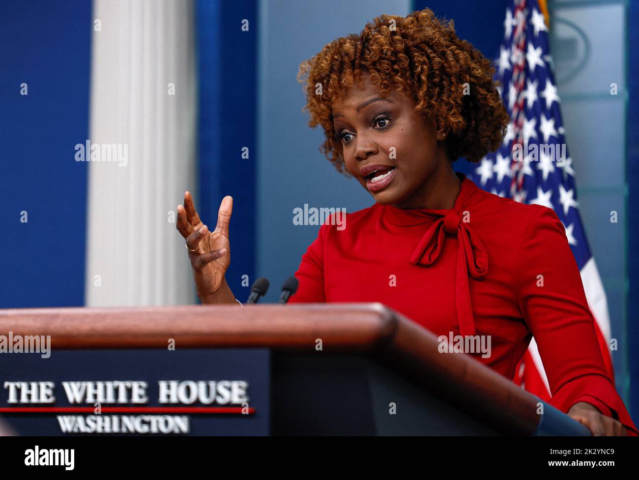 Press Secretary Karine Jean-Pierre holds the daily press briefing at the White House in Washington, U.S., September 23, 2022. REUTERS/Evelyn Hockstein Stock Photo