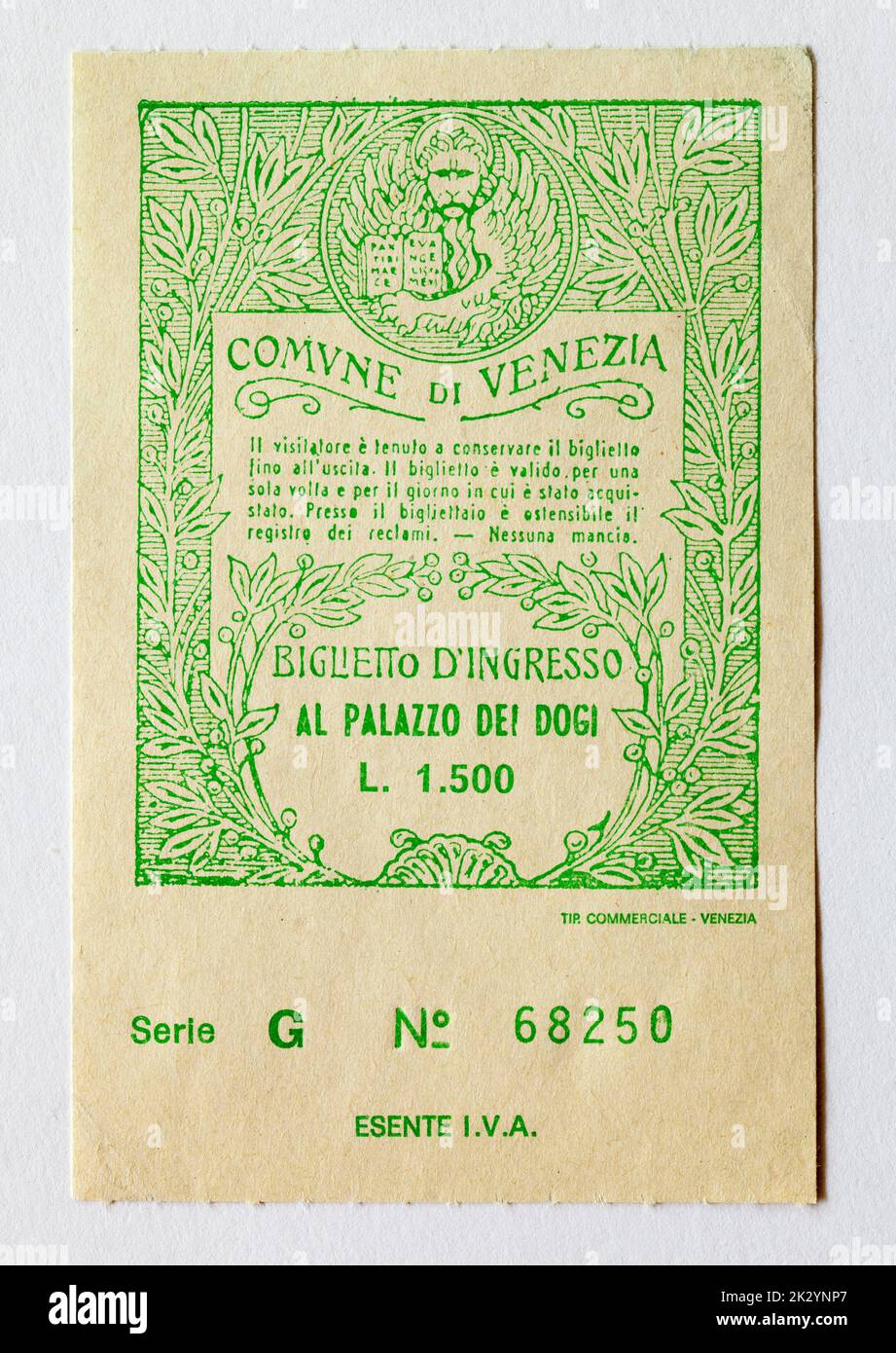 Old Ticket to The Doges Palace Venice ; Palazzo dei dogi ; Stock Photo