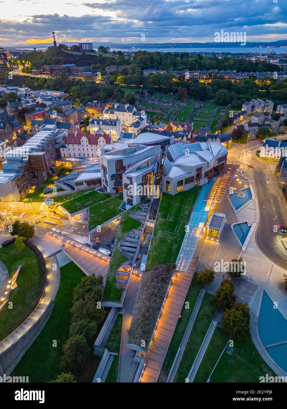 Aerial view at night of the Scottish Parliament at Holyrood, Edinburgh, Scotland, UK Stock Photo