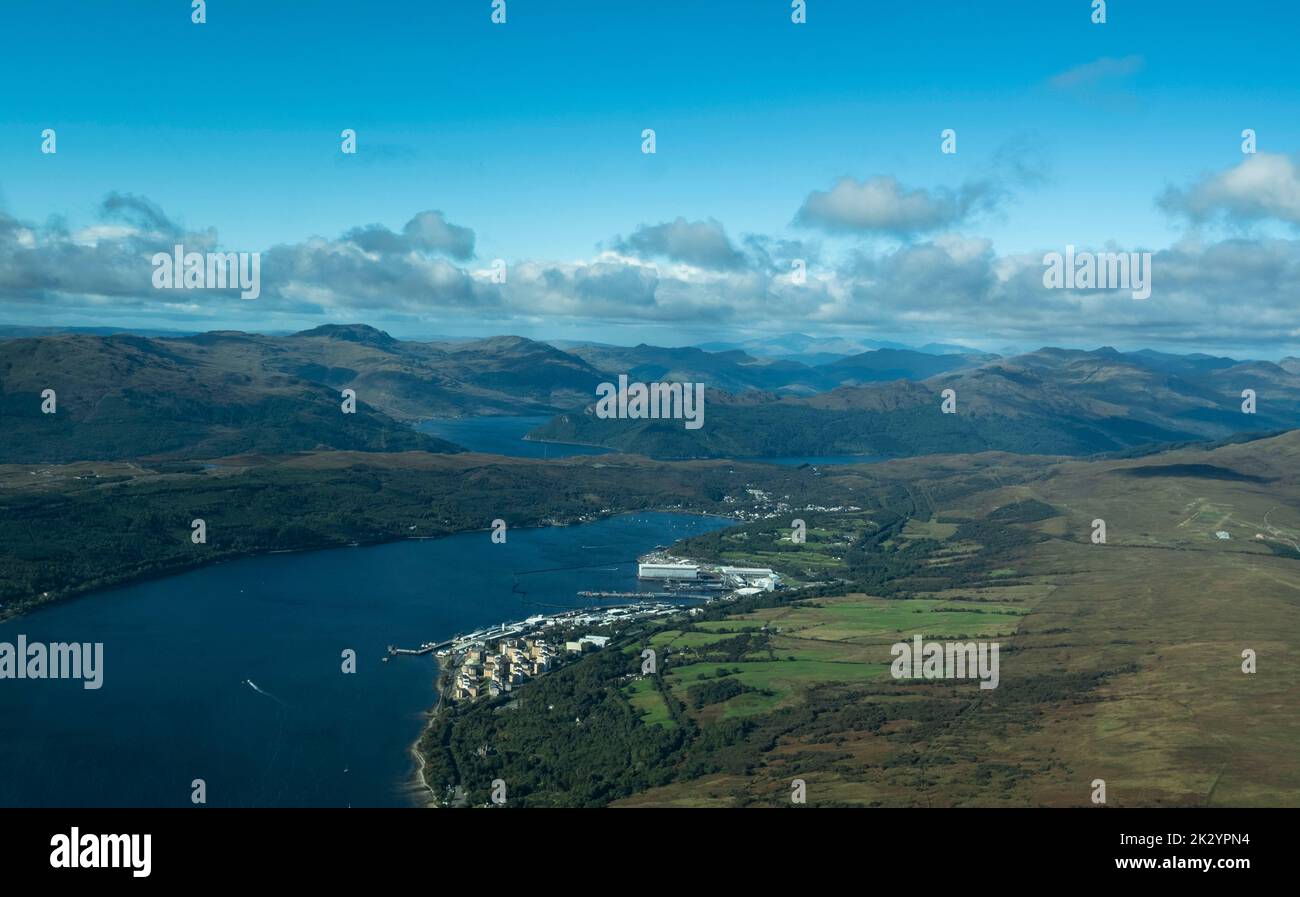 Faslane naval base on the River Clyde, west coast Scotland, home to Trident submarines, and defenses nuclear and conventional. Stock Photo