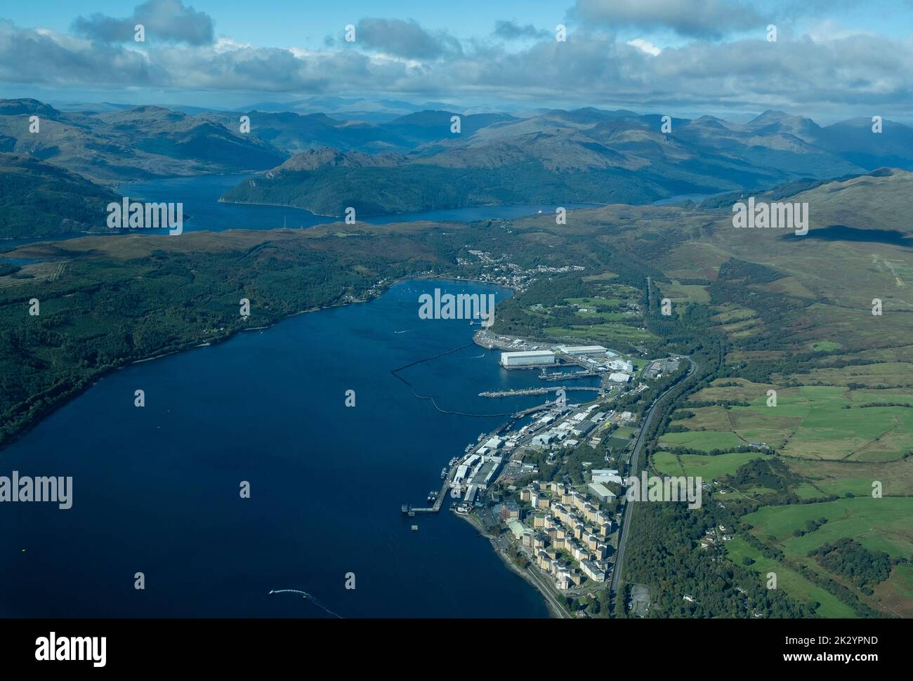 Faslane naval base on the River Clyde, west coast Scotland, home to Trident submarines, and defenses nuclear and conventional. Stock Photo