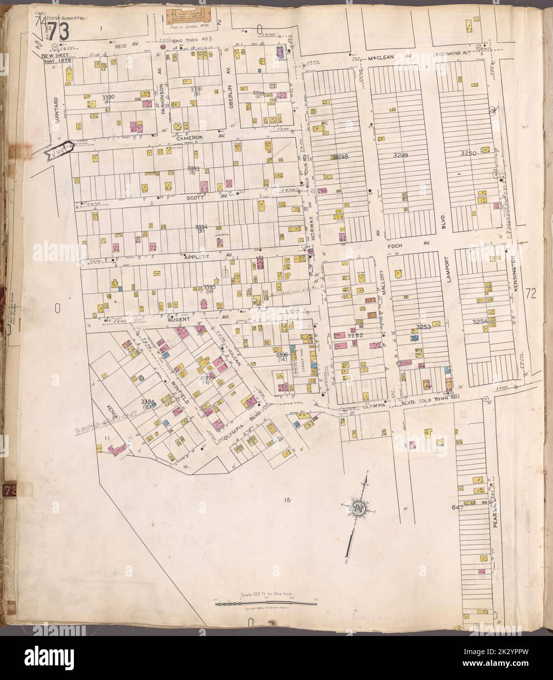 Cartographic, Maps. 1917. Lionel Pincus and Princess Firyal Map Division. Real property , New York (State) , New York, Fire insurance , New York (State) , New York, Staten Island (New York, N.Y.) Staten Island, V. 1, Plate No. 73 Map bounded by Reid Ave., Mc. Clean Ave., Kensington, Pearsall Stock Photo