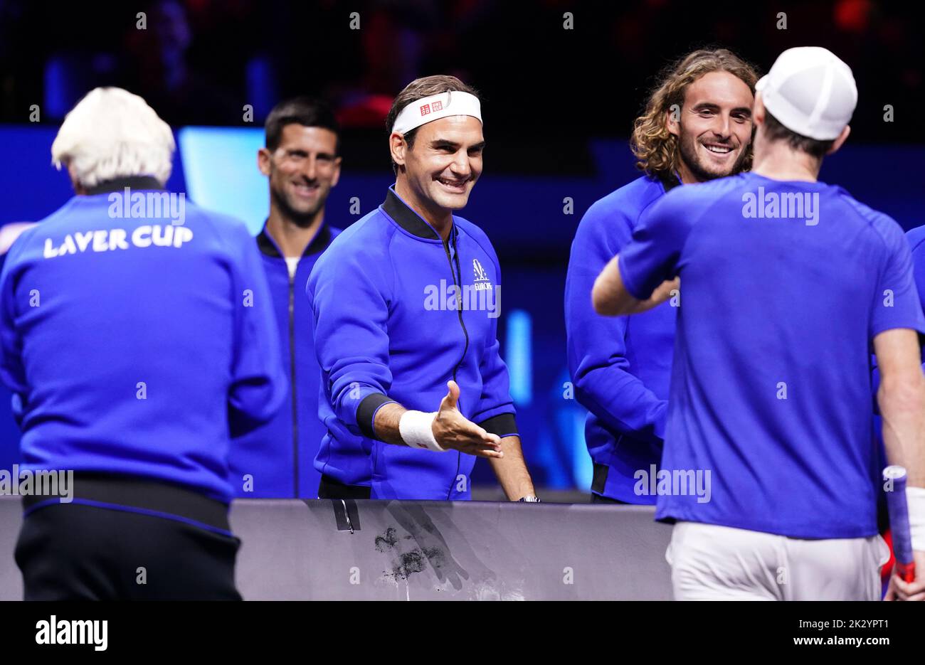 Team Europe's Roger Federer celebrates after Andy Murray wins the first set of his match against Alex Di Minaur on day one of the Laver Cup at the O2 Arena, London. Picture date: Friday September 23, 2022. Stock Photo