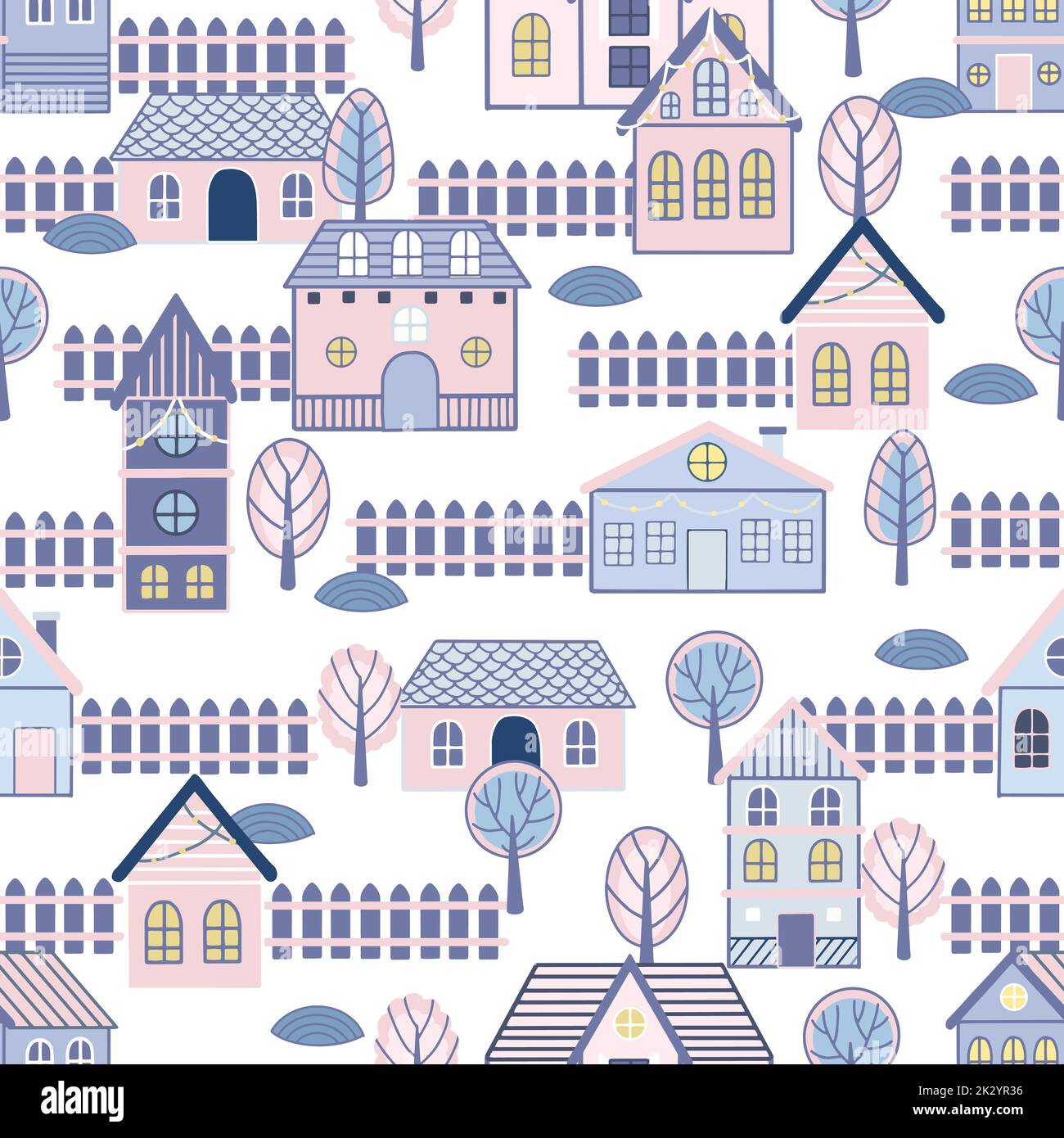 Vector Seamless pattern with hand drawn tree and house. Great for ...