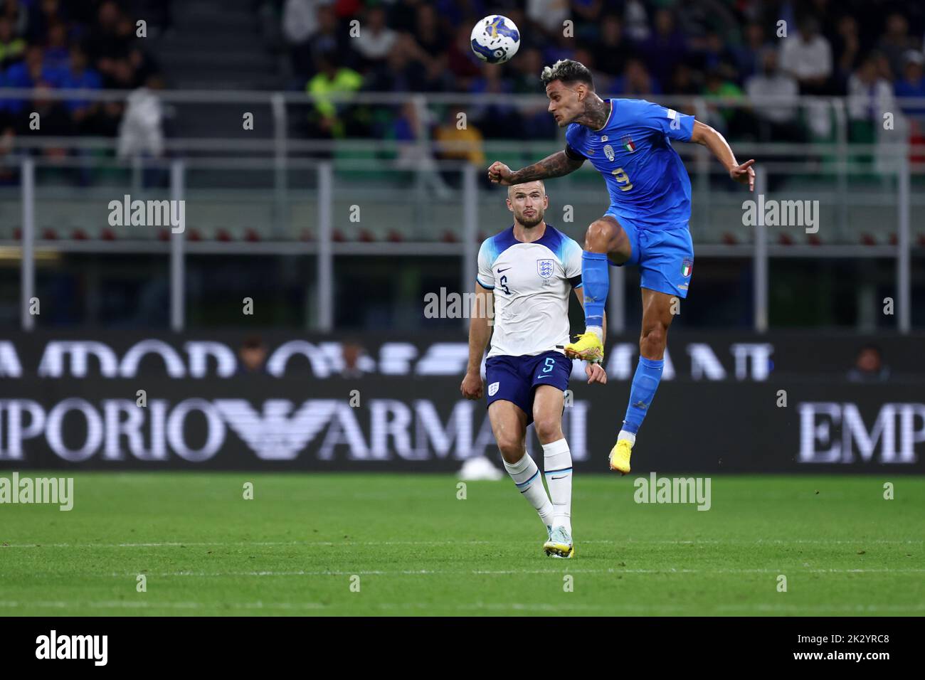 Milan, Italy. 23rd Sep, 2022. Gianluca Scamacca of Italy controls the ball during the Uefa Nations League Group 3 match between Italy and England at Stadio Giuseppe Meazza on September 23, 2022 in Milano Italy . Credit: Marco Canoniero/Alamy Live News Stock Photo