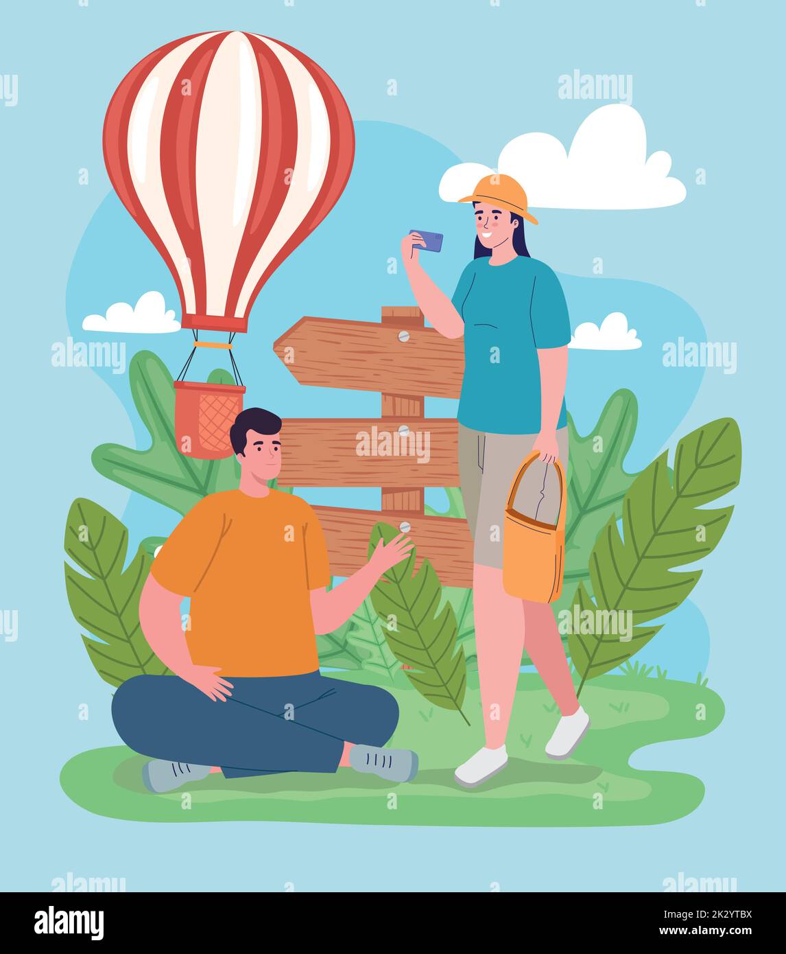 couple travelers with balloon air hot Stock Vector