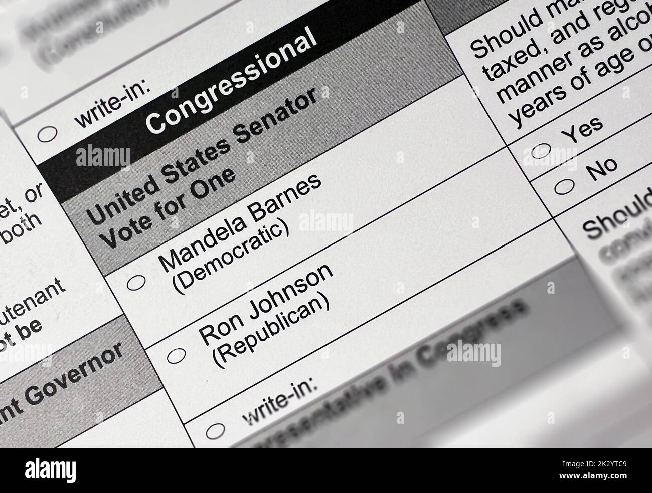 Madison, Wisconsin / USA - September 23 2022: An unmarked 2022 Wisconsin Senate election voting ballot up close. Stock Photo