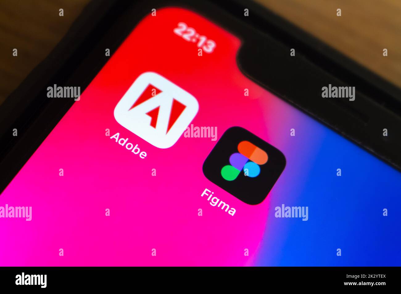 Vancouver, CANADA - Sep 23 2022 : Adobe and Figma icons on an iPhone. In Sep 2022, Figma announced that it was being acquired by Adobe Inc. Stock Photo