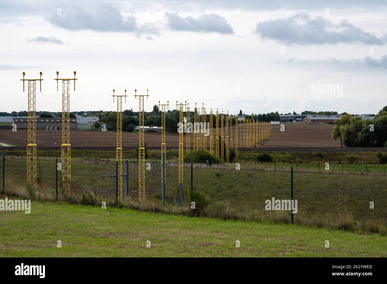 Zaventem, Flemish Brabant Region, Belgium, 09 18 2022 - Aerodrome beacons in a row on the meadows near the airport Stock Photo