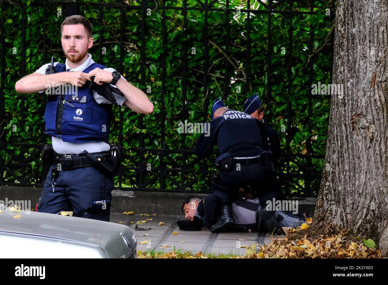 Brussels, Belgium. 23rd Sep, 2022. Police detained a protestor during a demonstration in front of the Iranian embassy in Brussels, Belgium on Sept. 23, 2022, following the death of Mahsa Amini. Credit: ALEXANDROS MICHAILIDIS/Alamy Live News Stock Photo
