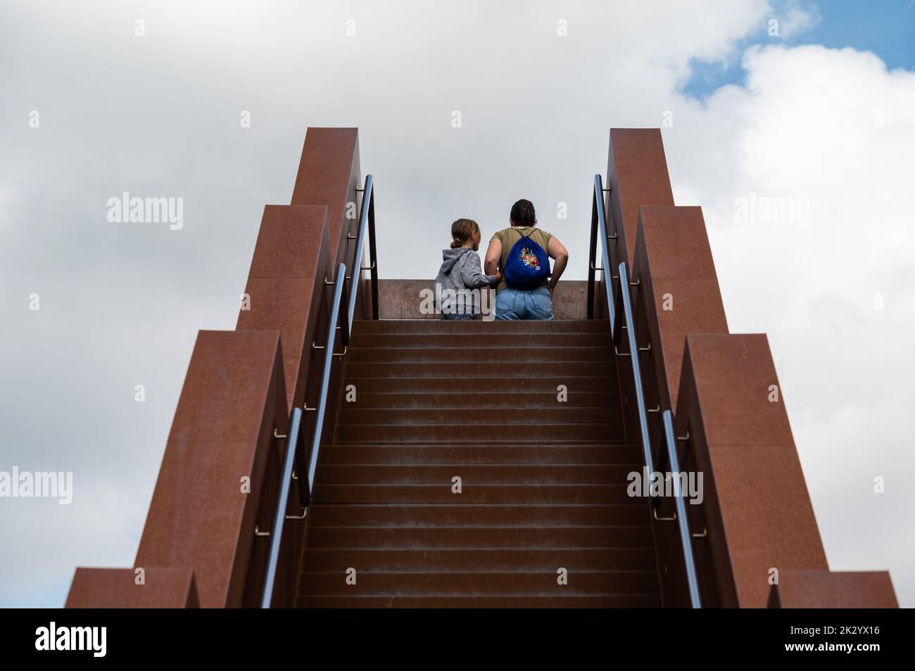Tielt-Winge, Flemish Brabant, Belgium,  08 22 2022 - Mother and daughter at an observation staircase Stock Photo